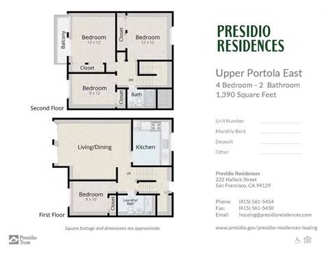 A floor plan for a 4 bedroom apartment with 2 bathrooms at Presidio Residences.